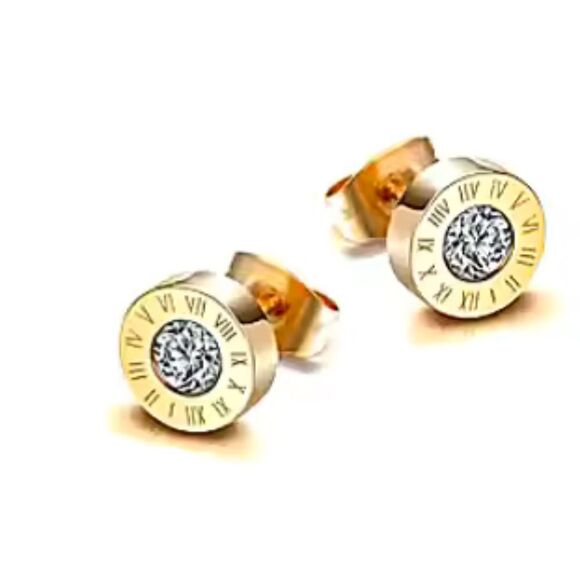 Gold-Tone Crystal Roman Numeral‎ Stud Earrings | Elegant Jewelry | Tiffany Style - Picture 1 of 6